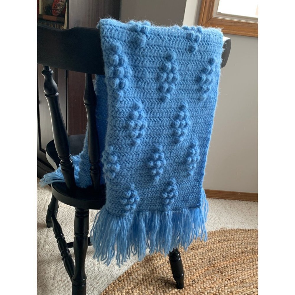 Blue Diamond Bobble Baby Blanket With Fringe